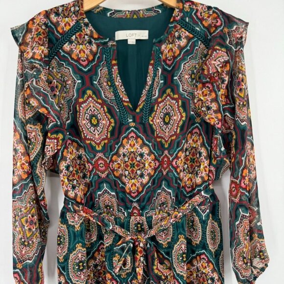 LOFT dress midi Womens Sz Large petite Boho medallion Patterned Belt Green long - Picture 5 of 12